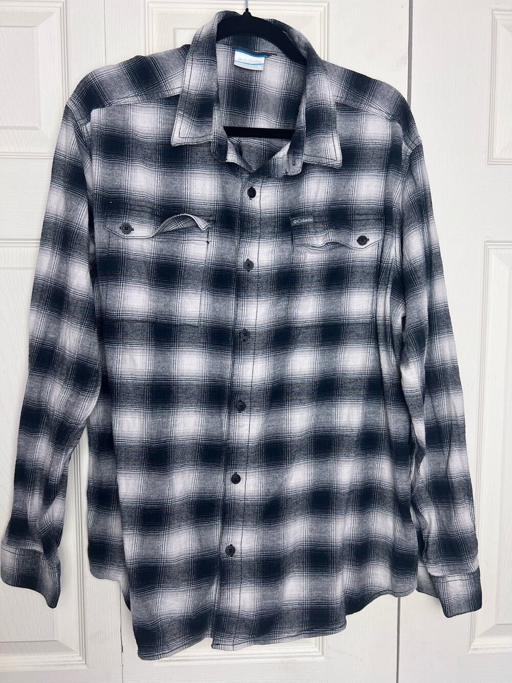 Columbia Men's Gray White Plaid 100% Cotton Flannel Button Up Shirt Size XL